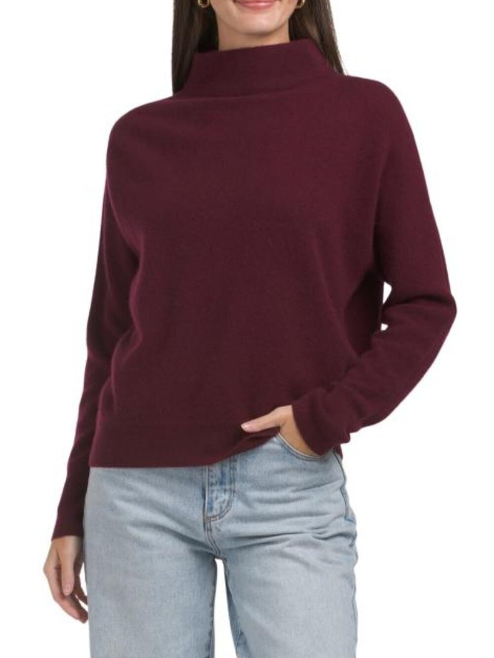 TAHARI Cashmere Funnel Neck Dolman Long Sleeve Pull-over Sweater In Over Wash